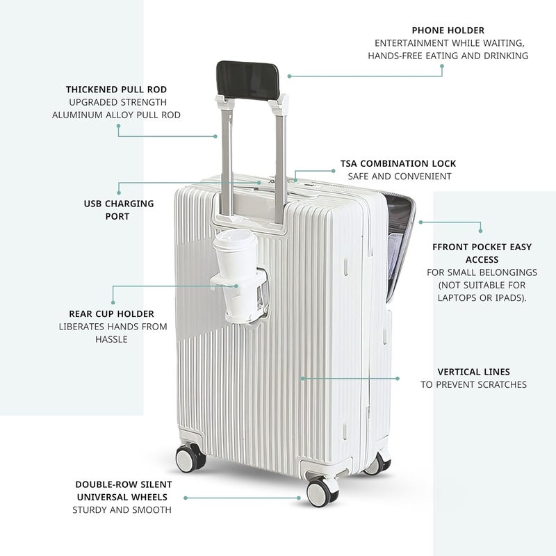 TEREPLUS© Carry On 20" Luggage Travel Trolley Bag Suitcase with Front Pocket, USB Port Charging, Cup Holder, Silent Wheels, Hook (Steel Blue, 20-inch) - Image 2